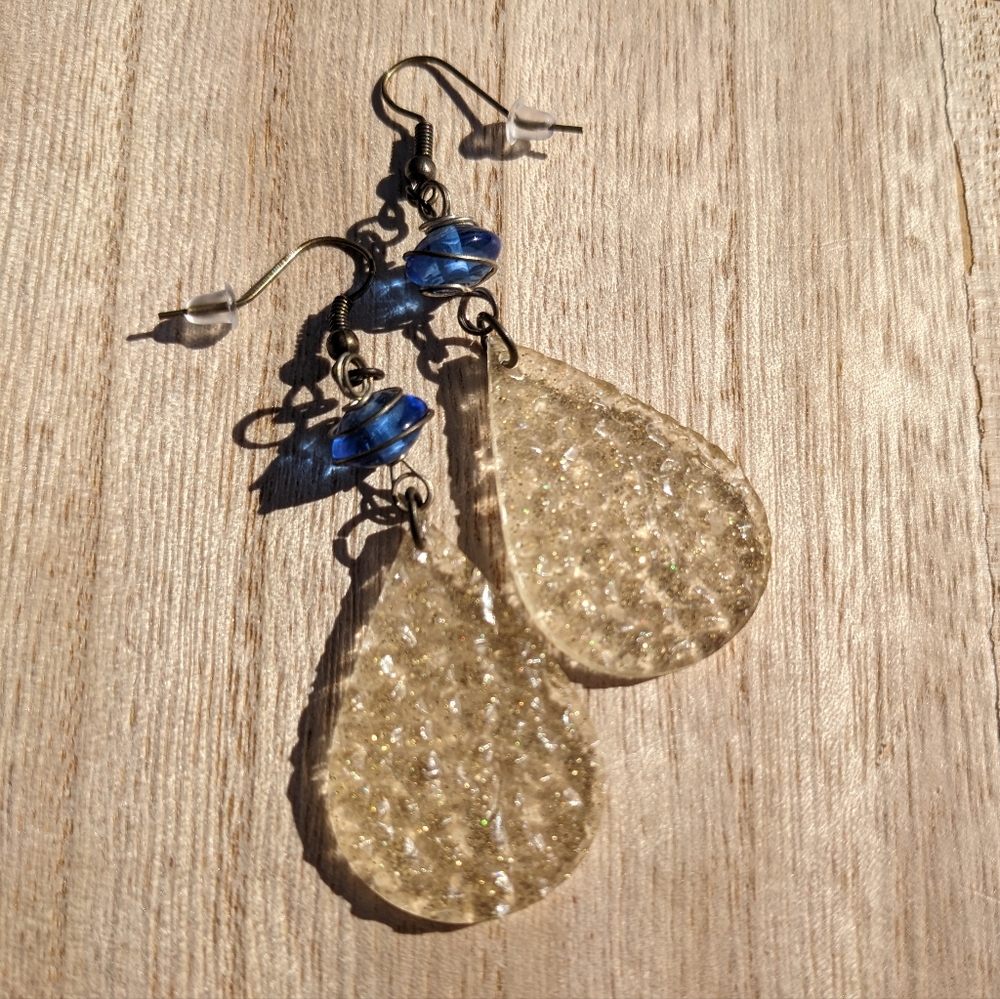 Lightweight Handmade Earrings Sparkly Gold Blue Beads Handmade Artisan Cute